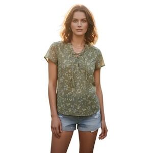 St Johns Bay Womens Green Floral Print Lace‎ Up Tassel Short Sleeve Top L